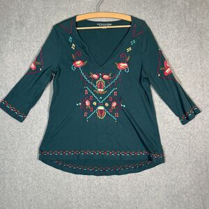 Soft Surroundings Top Small teal Embroidered Boho Eclectic Shirt Green Mimosa
